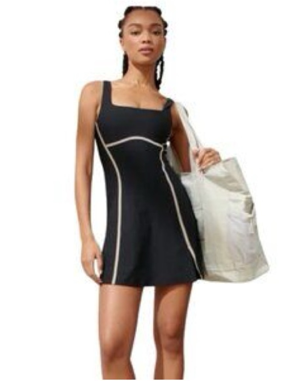 YPB sculptLUX Abercrombie Black Square Neck Mini Athletic Dress Cream Piping XS